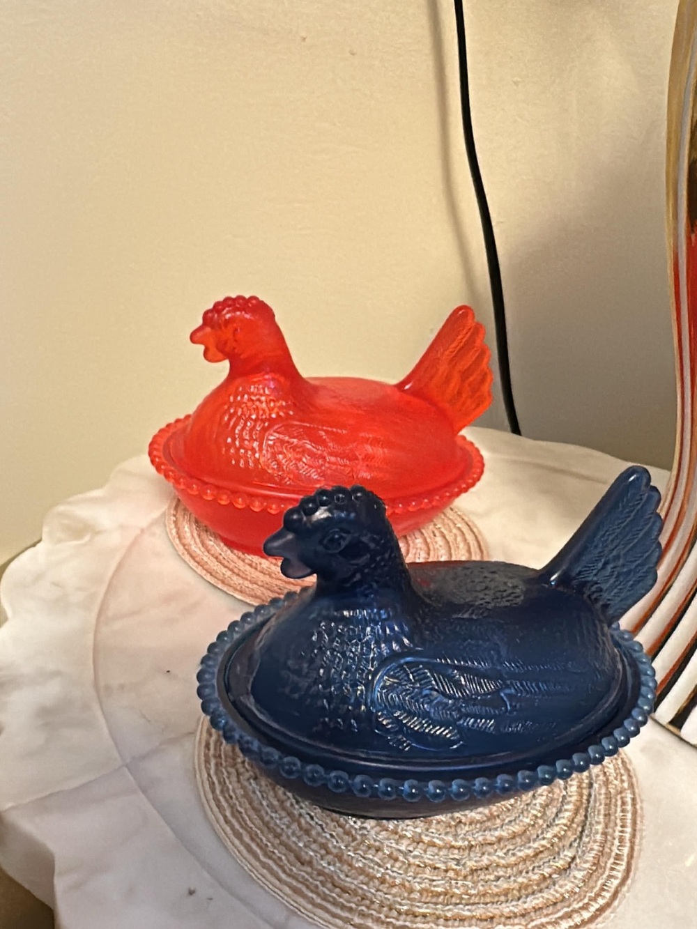 Vintage ceramic Hen on Nest Dish - Blue and Red. Set of 2